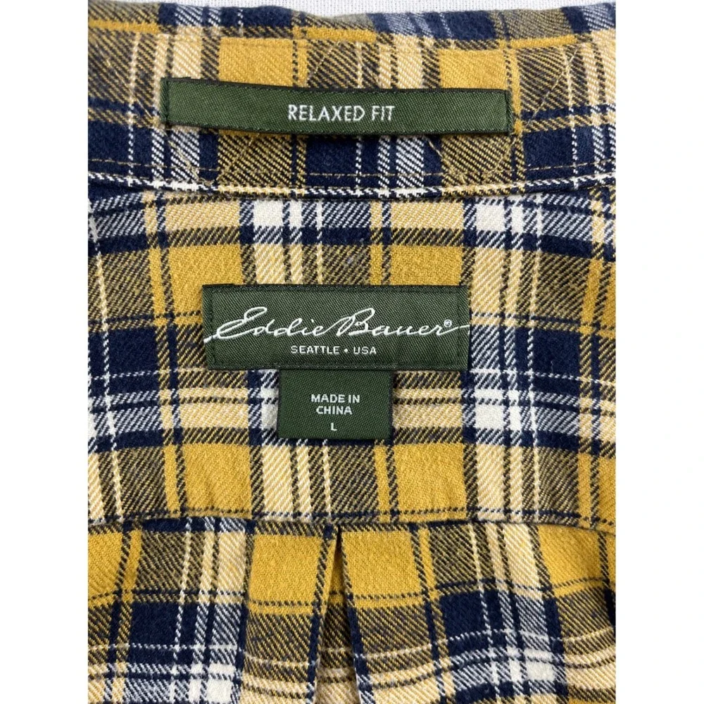 Eddie Bauer Mens Large Flannel Shirt Yellow Navy Blue Plaid Relaxed Fit HOL11
